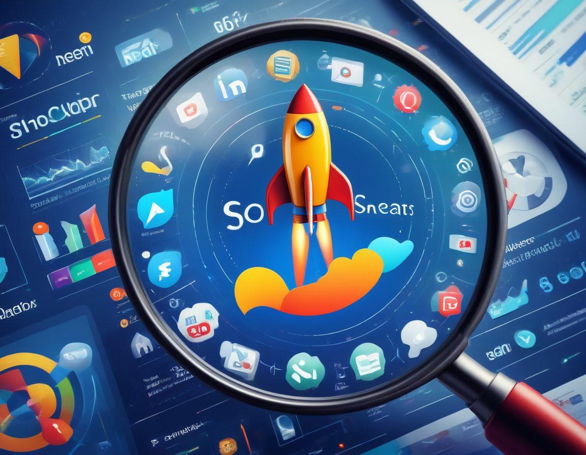 A dynamic digital marketing scene featuring diverse elements like social media icons, SEO analytics charts, website graphics, and a rocket signifying growth. Include a magnifying glass focusing on a high SERP ranking to emphasize visibility. super-realistic. vibrant colors. high-tech atmosphere.