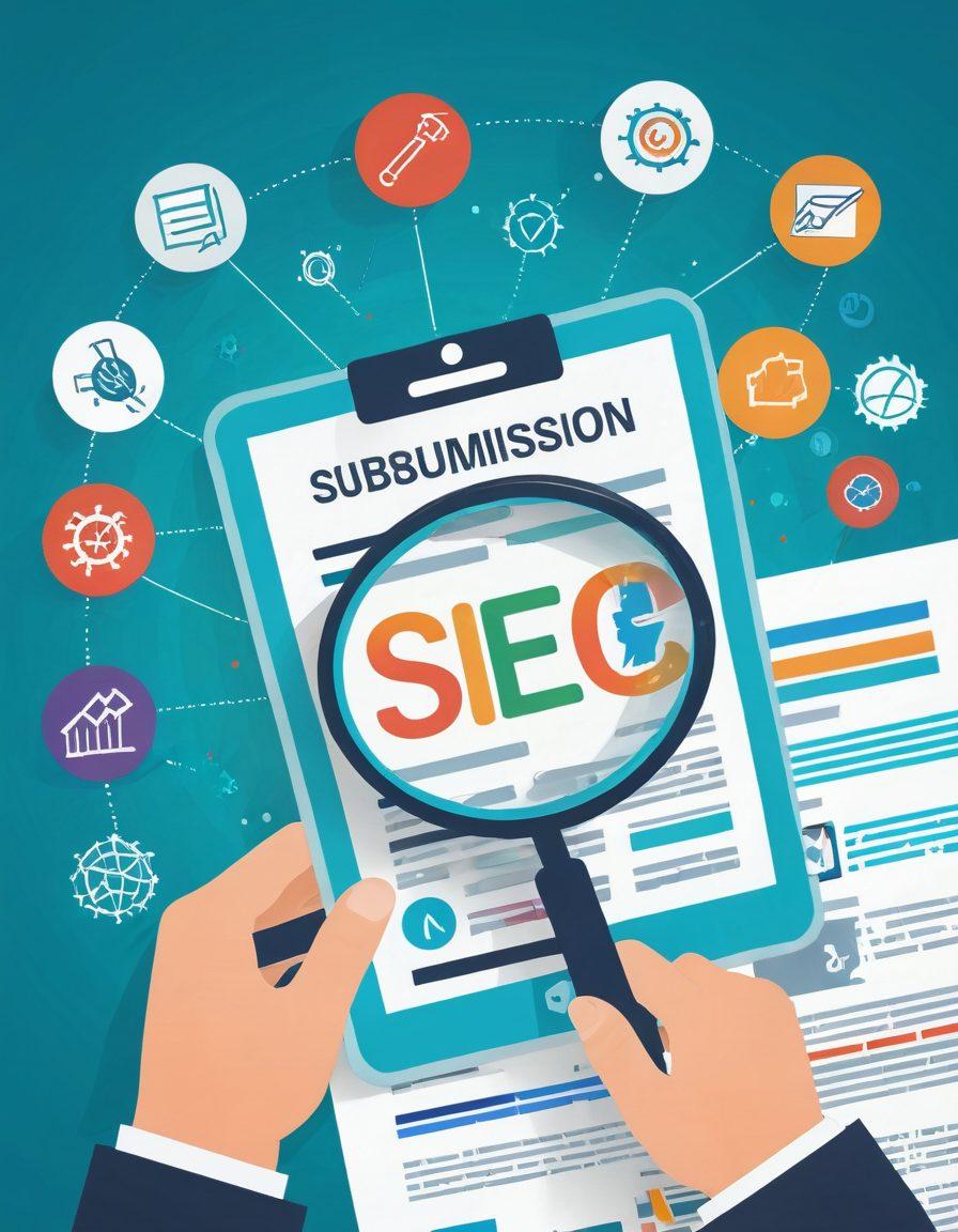 Illustration of two hands placing a web submission document into a virtual search engine, with keywords and SEO icons floating around, symbolizing strategic steps. A bar graph showing rising ranks and a magnifying glass emphasizing the search mechanism. Vector art. Vibrant colors.
