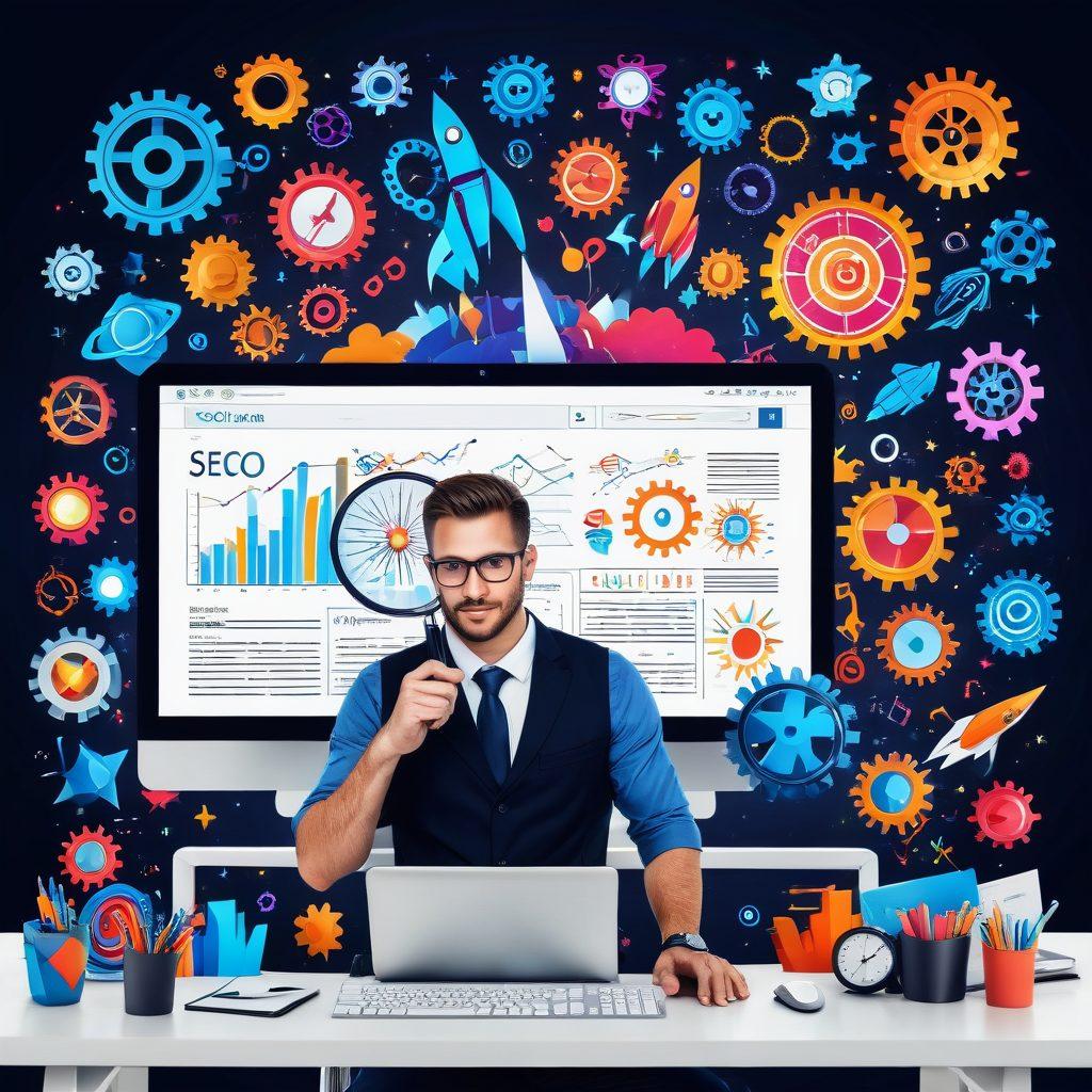 A digital landscape featuring a web browser with a search engine interface, filled with vibrant website icons, graphs showing upward trends, and tools such as gears and magnifying glasses symbolizing SEO strategies. A professional sitting in front of a computer, typing with a confident expression, surrounded by a dynamic mix of icons like rockets and stars indicating success and progress. super-realistic. vibrant colors. white background.